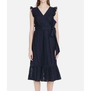 J.Crew Eyelet Wrap Midi Dress Navy Cotton Sleeveless Size 00 Timeless Style